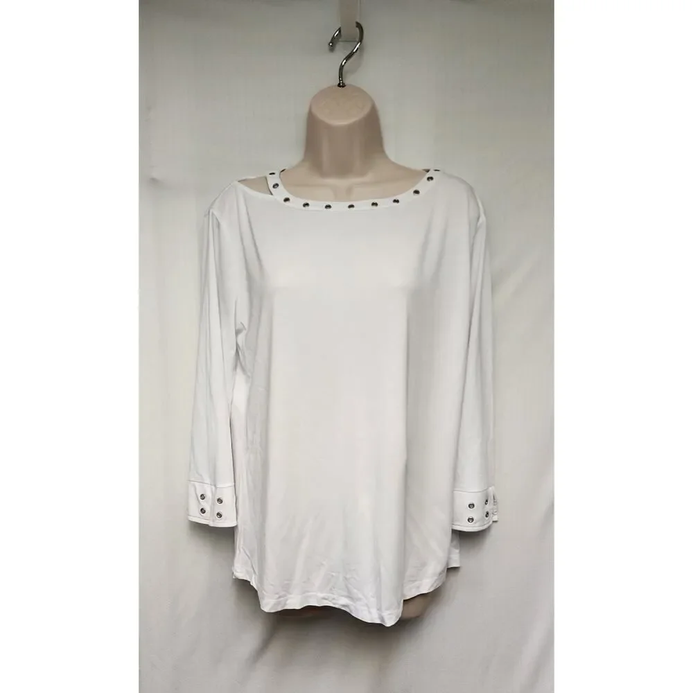 Sharon Young Long Sleeve T-Shirt Cut Out Neckline Blouse Size Medium Color White